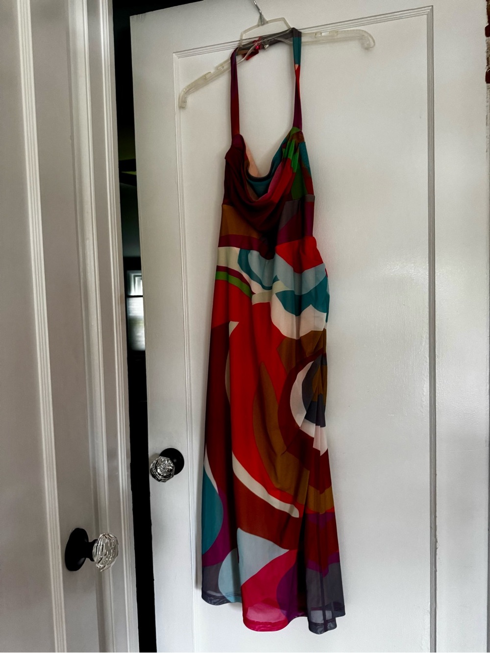 Anthropologie Multicolor Halter Maxi Dress in Red, Teal, Pink, Brown